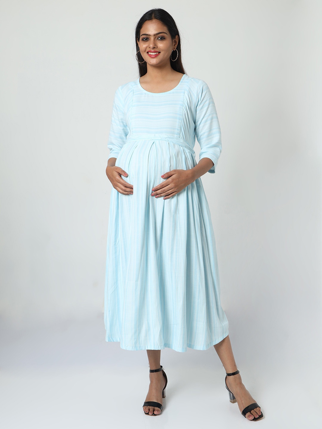 

MANET Striped Round Neck Cotton Fit & Flare Maternity & Feeding Dress, Blue
