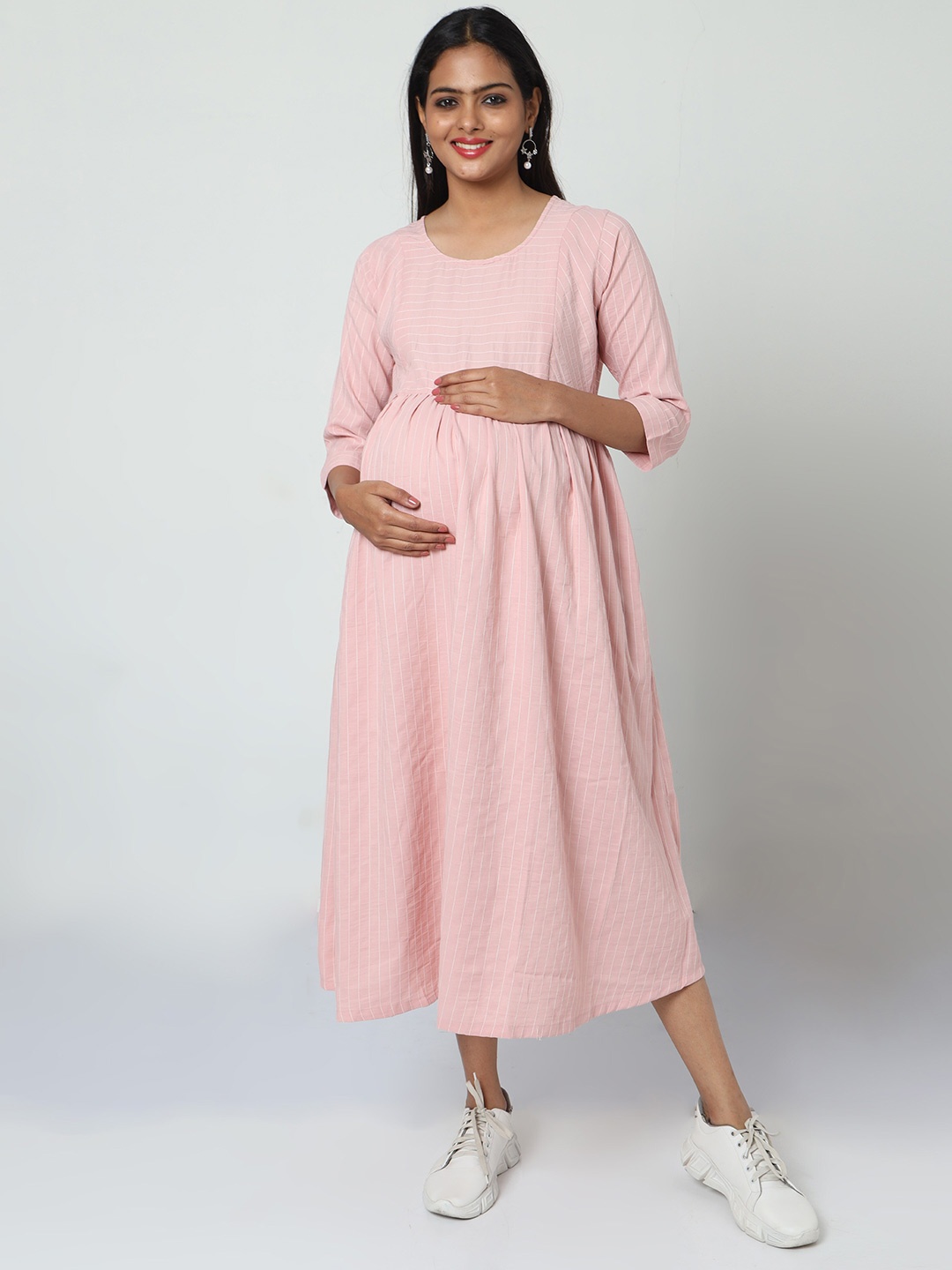 

MANET Striped Printed Round Neck Cotton Maternity and Feeding Midi Dress, Pink
