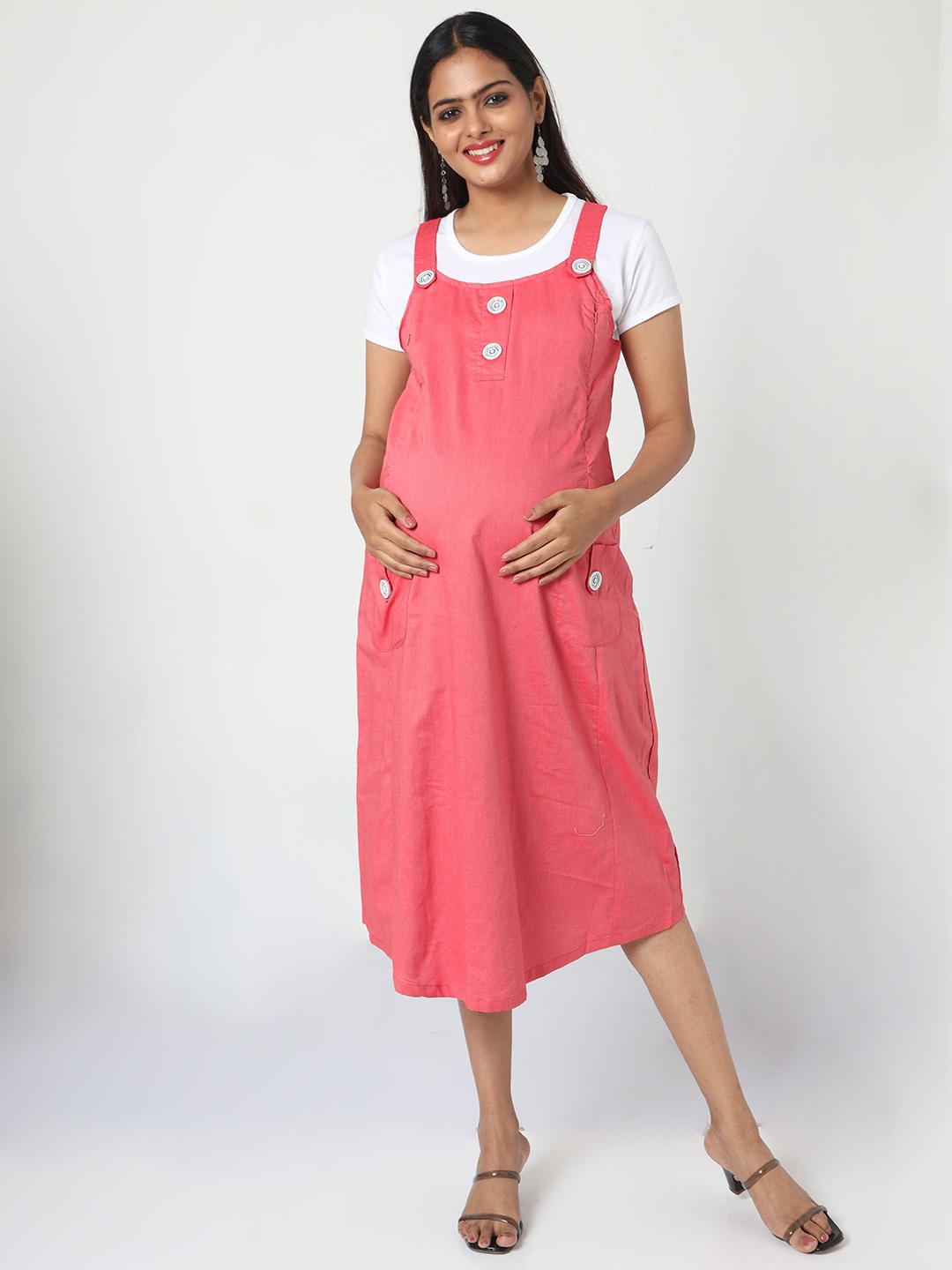 

MANET Shoulder Strap Cotton Maternity And Feeding Pinafore Midi Dress, Red