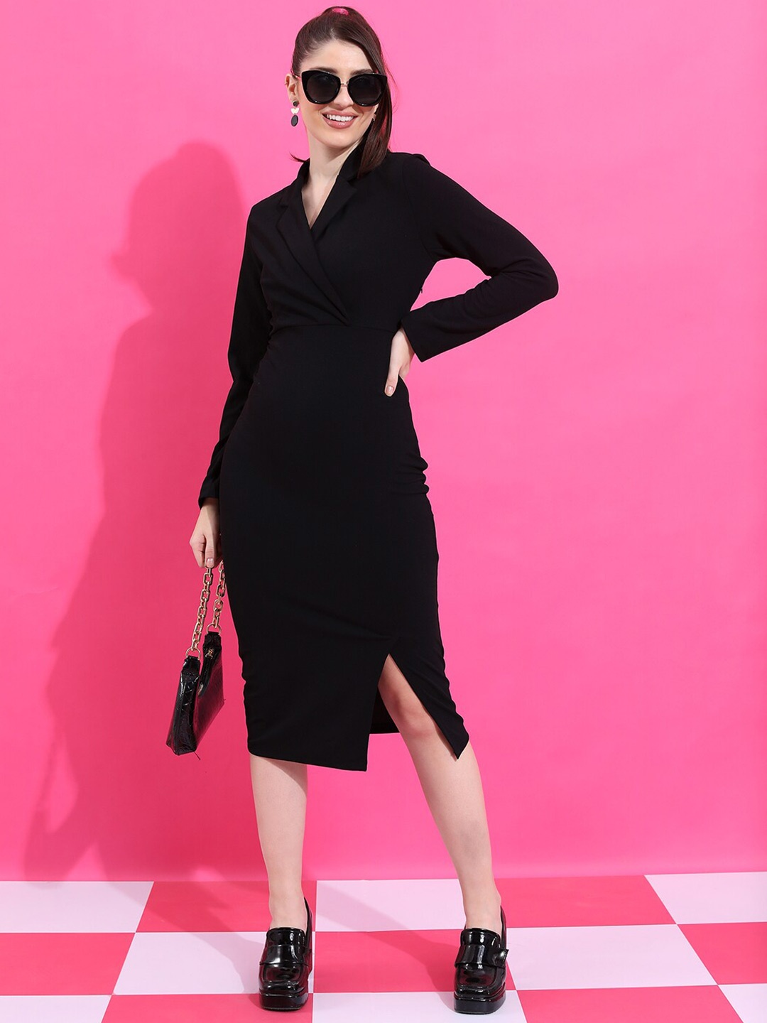 

KETCH Black Notched Lapel Collar Long Sleeve Gathered Sheath Midi Dress