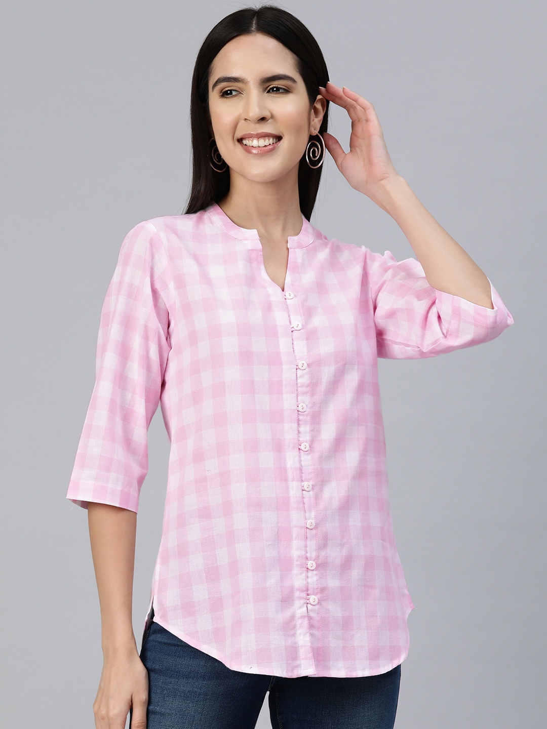 

Ayaany Checked Mandarin Collar Casual Shirt, Pink