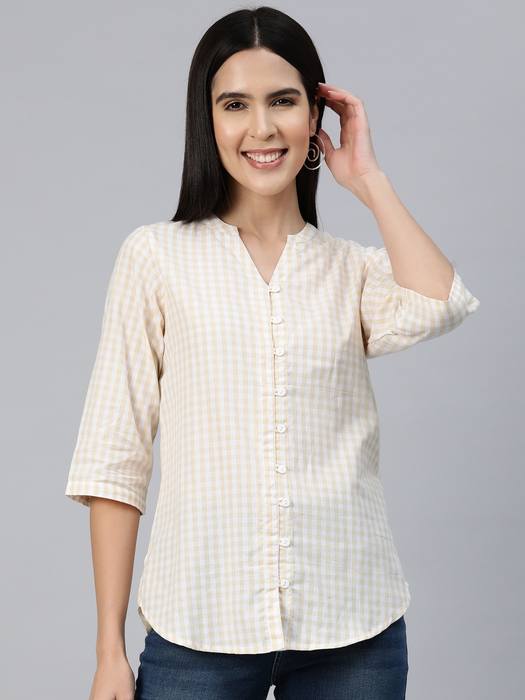 

Ayaany Gingham Checked Mandarin Collar Casual Shirt, Yellow