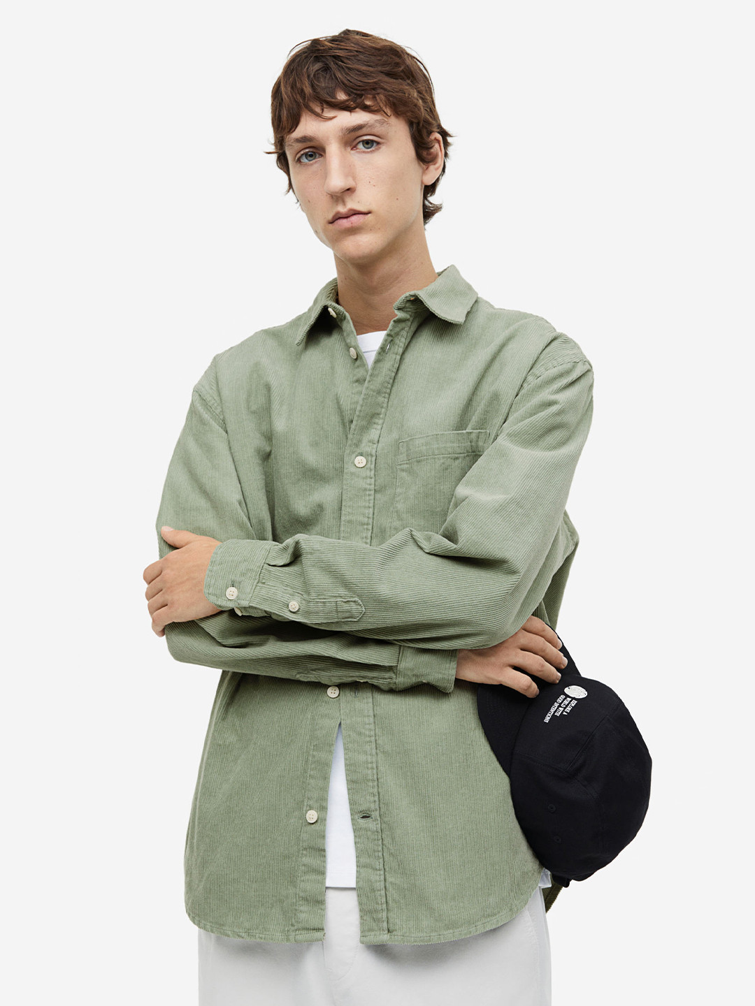 

H&M Pure Cotton Relaxed Fit Corduroy Shirt, Green