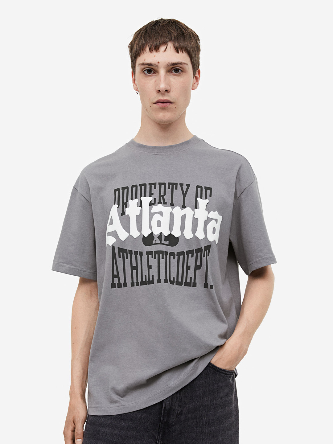

H&M Pure Cotton Relaxed Fit Printed T-Shirt, Grey