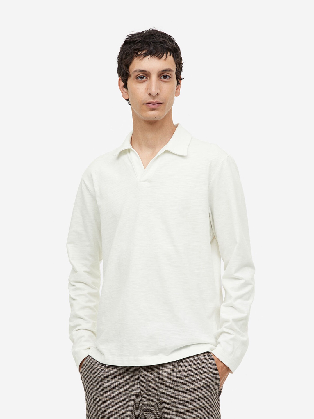 

H&M Pure Cotton Regular Fit Long-Sleeved Polo T-Shirt, White