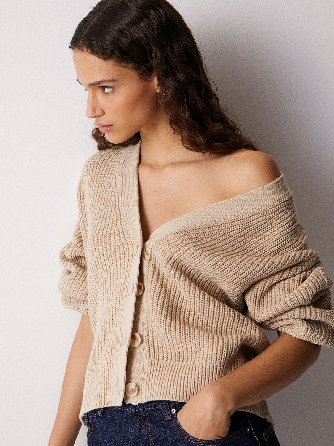 

H&M Rib-Knit Cardigan, Beige