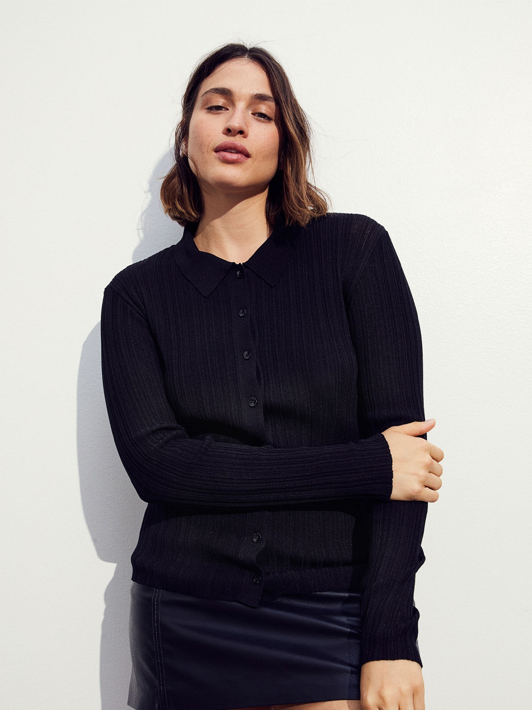 

H&M Collared Rib-Knit Cardigan, Black