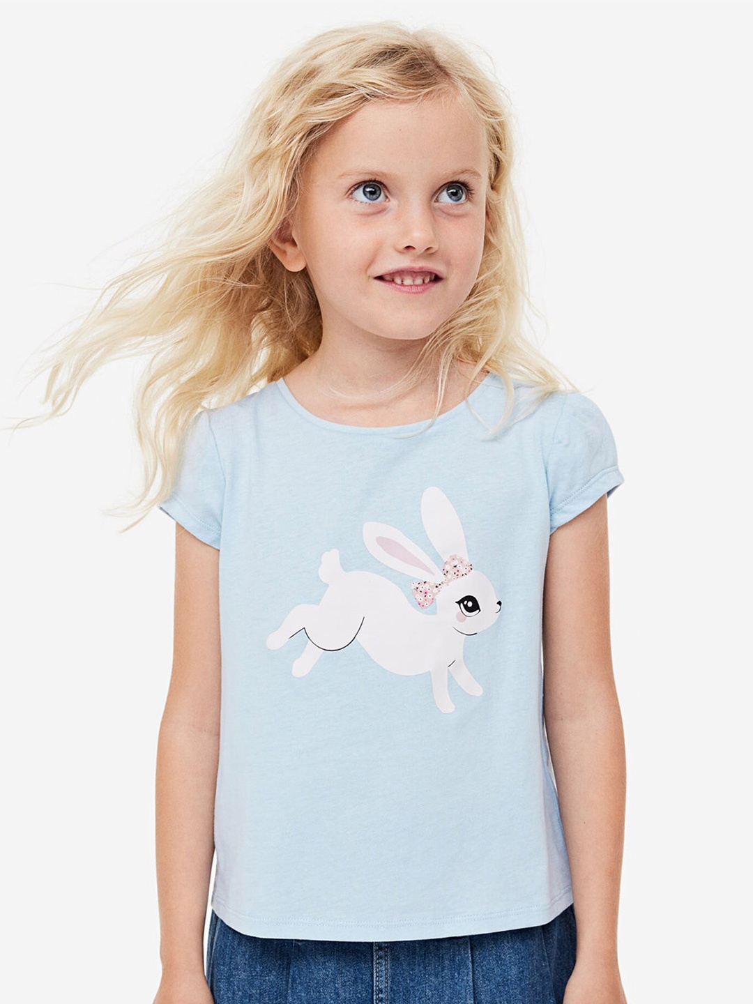 

H&M Girls Pure Cotton Puff-Sleeved Jersey Top, Blue