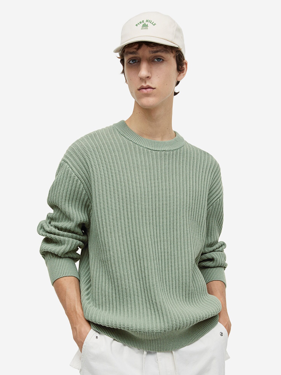 

H&M Pure Cotton Relaxed Fit Rib-Knit Jumper, Green