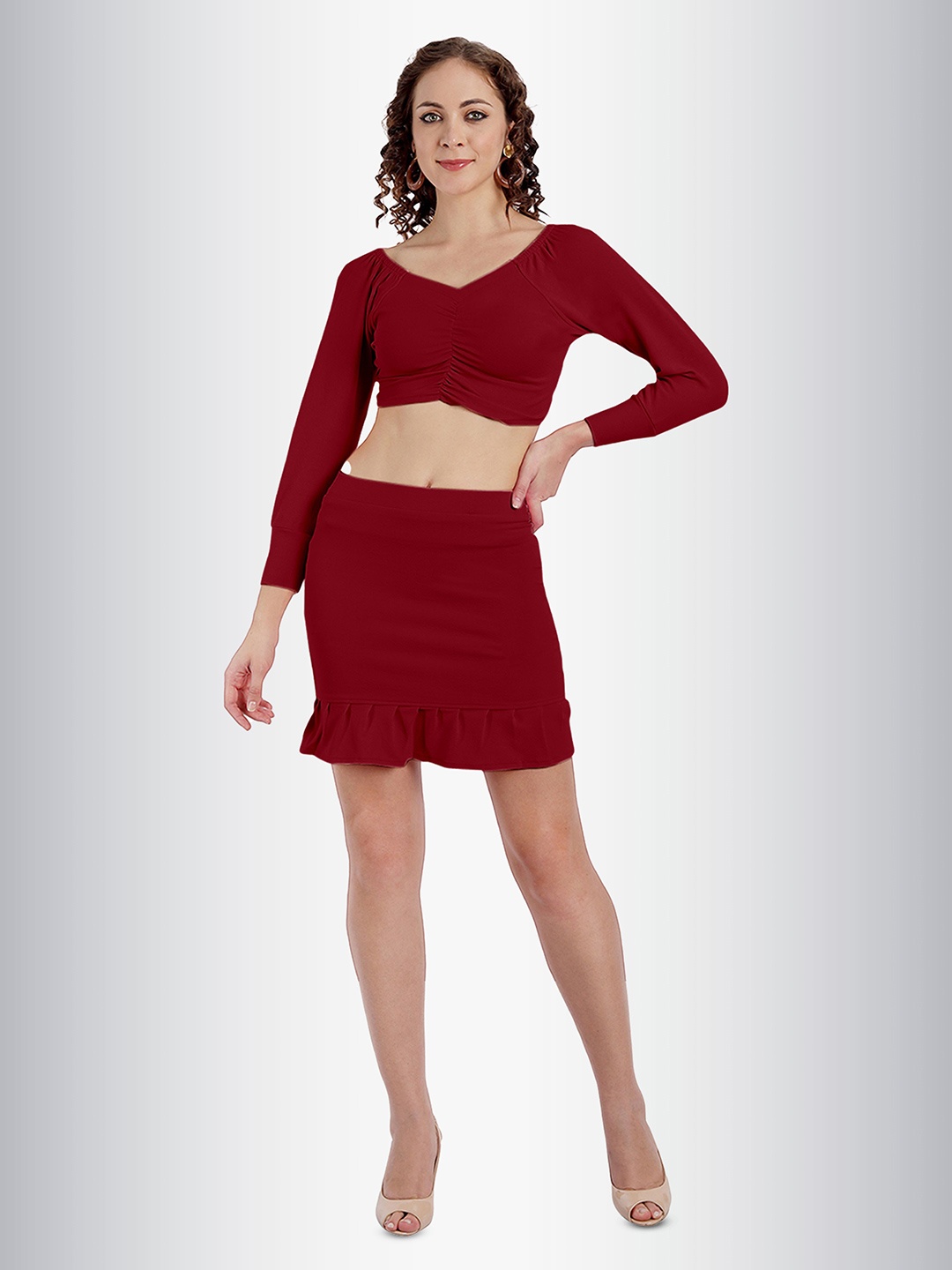 

N N ENTERPRISE V-Neck Top With Skirt, Maroon