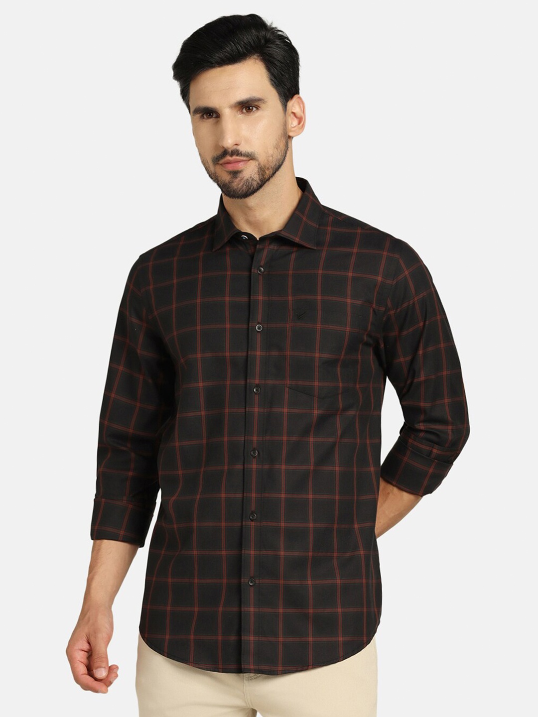 

Blackberrys India Slim Tartan Checks Opaque Pure Cotton Casual Shirt, Black