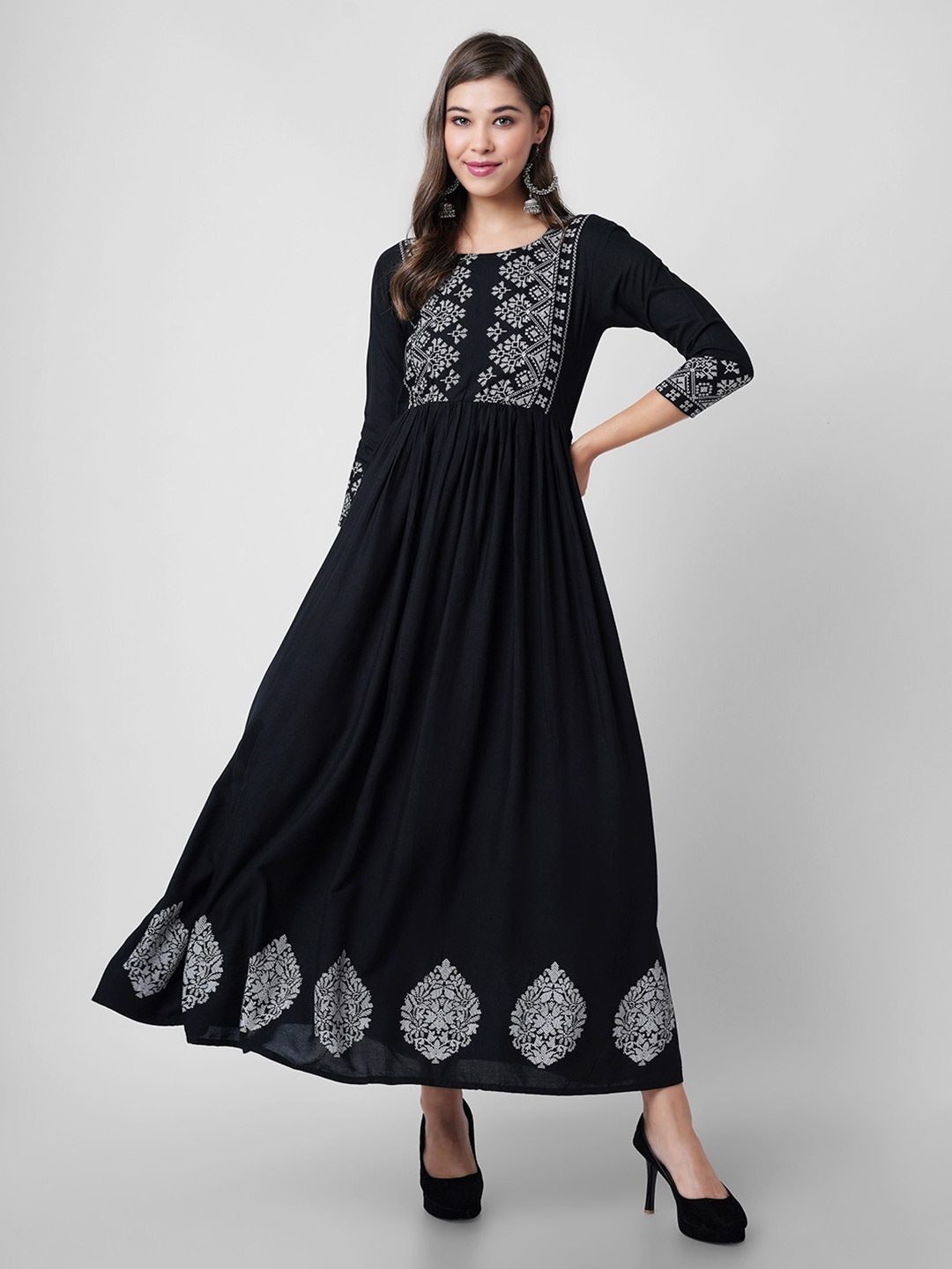 

DK FAB Ethnic Motifs Printed Round Neck Maxi Dress, Black