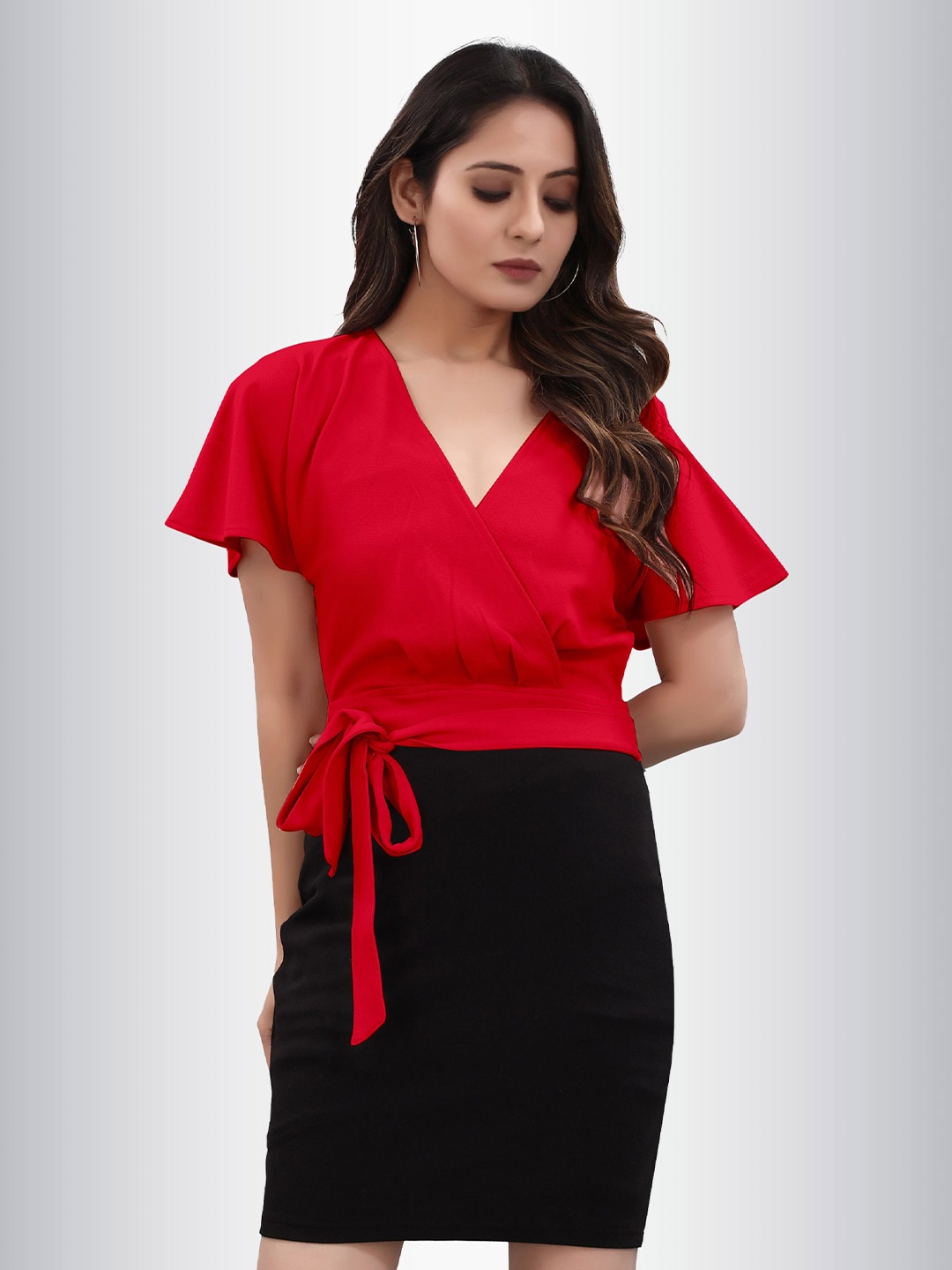 

N N ENTERPRISE Flared Sleeves Tie Ups Sheath Dress, Red