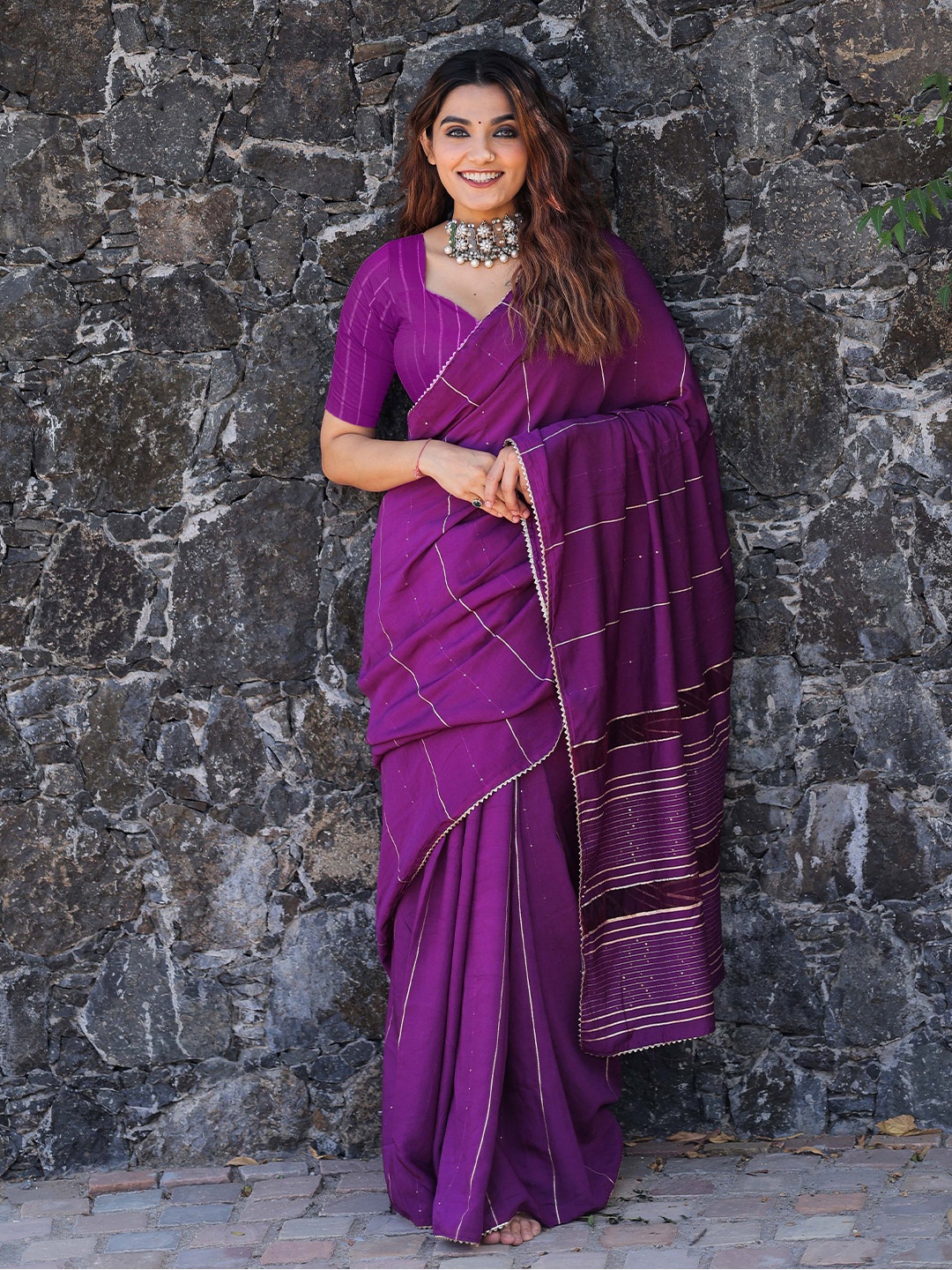 

LOOKNBOOK ART Striped Woven Design Gotta Patti Chanderi Saree, Purple