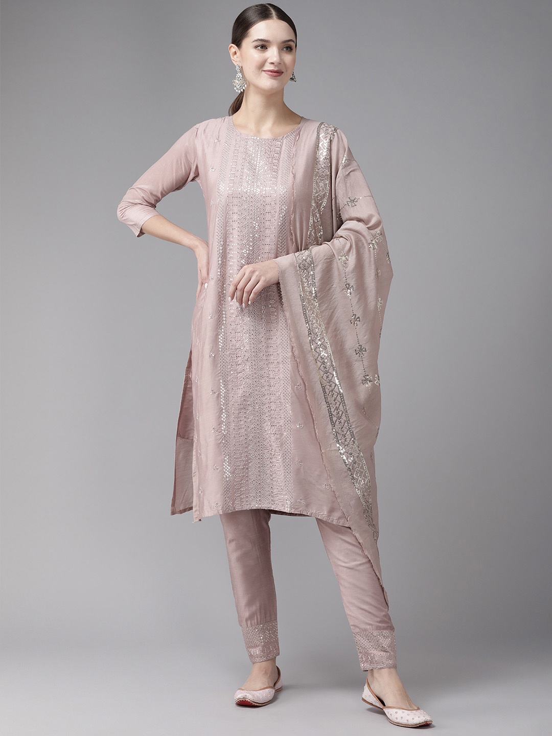 

Aarika Women Mauve Floral Embroidered Regular Sequinned Pure Cotton Kurta with Palazzos & With Dupatta