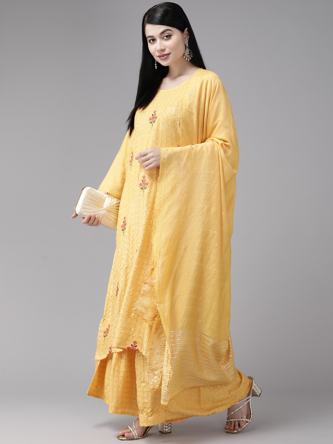 

Aarika Floral Embroidered Sequinned Pure Cotton Kurta with Palazzos & Dupatta, Yellow