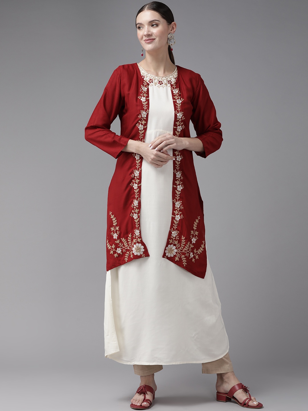 

Aarika Women Floral Yoke Design Cotton Kurta with Shrug, Off white