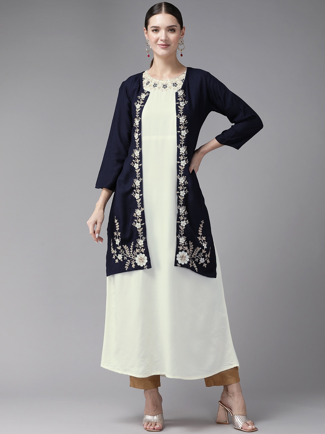 

Aarika Women Floral Yoke Design Cotton Kurta with Shrug, Off white