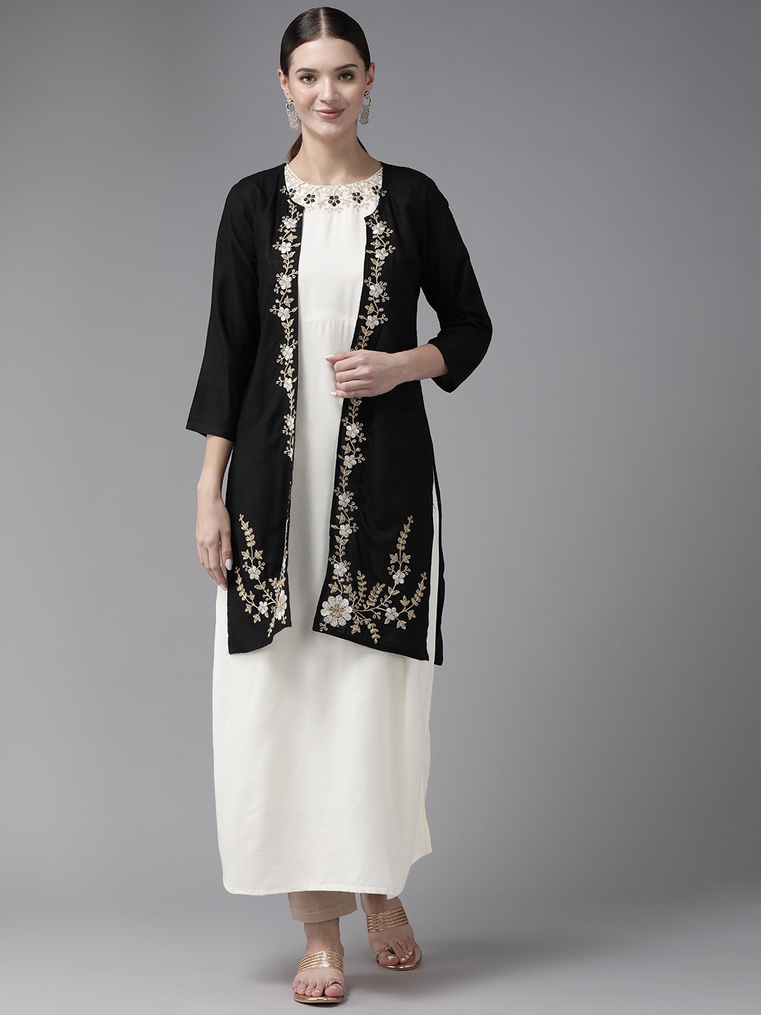 

Aarika Women Floral Yoke Design Cotton Kurta with Shrug, White