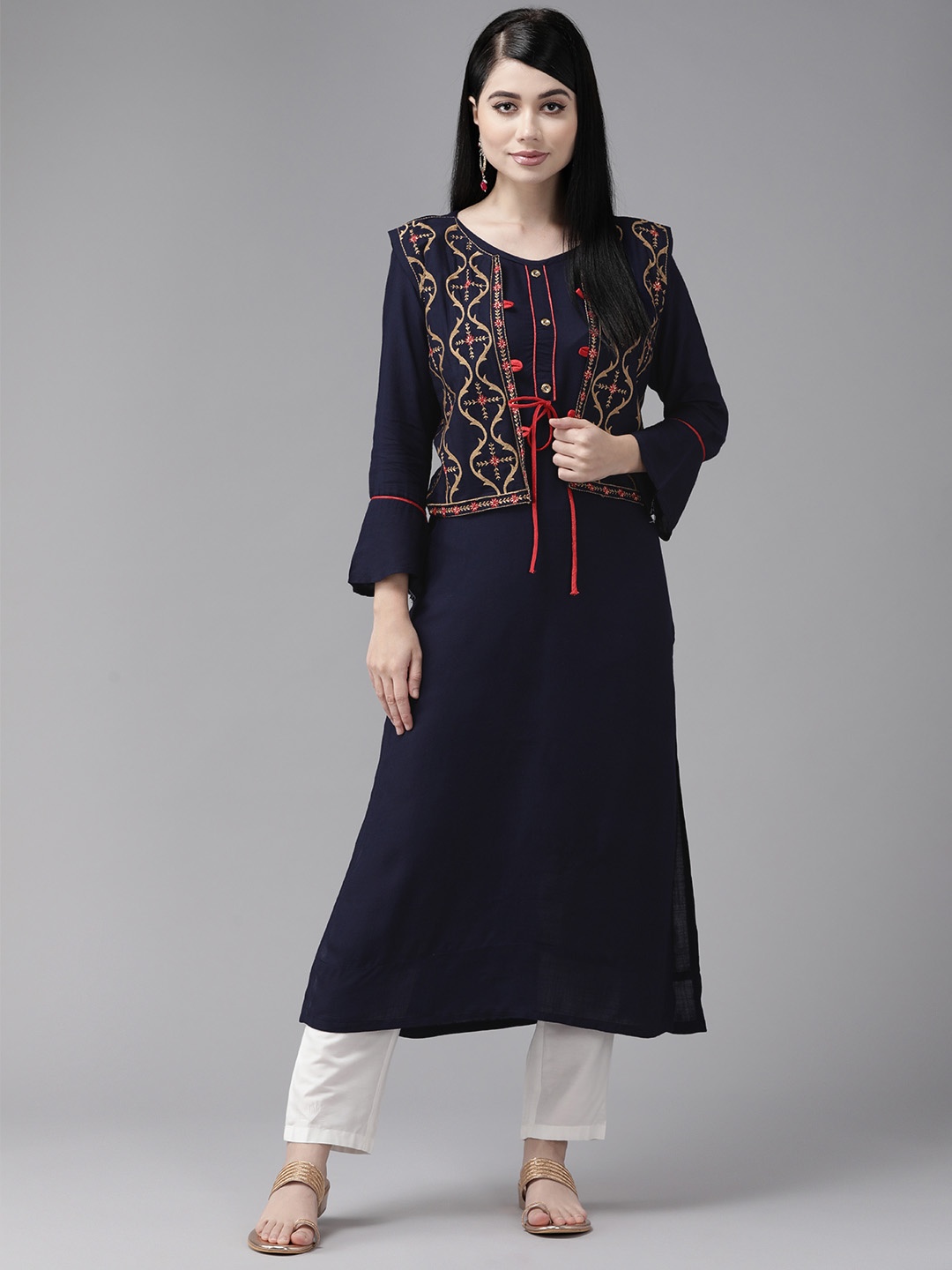 

Aarika Women Solid Bell Sleeves Cotton Kurta with Embroidered Jacket, Navy blue
