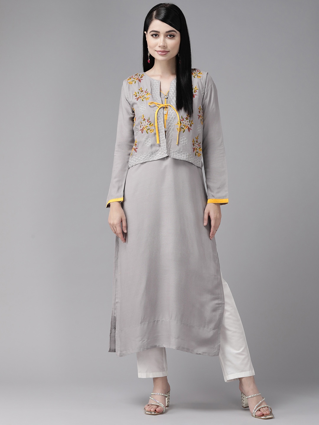 

Aarika Women Solid Regular Cotton Kurta with Embroidered Jacket, Grey
