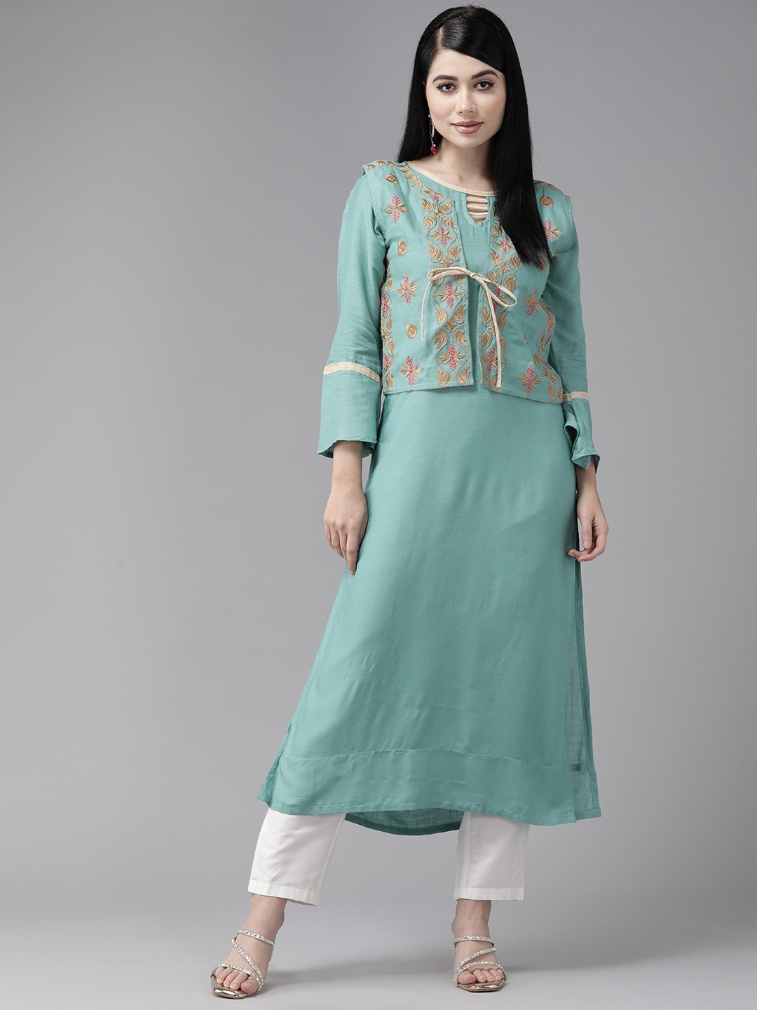 

Aarika Women Solid Regular Cotton Kurta with Jacket, Turquoise blue