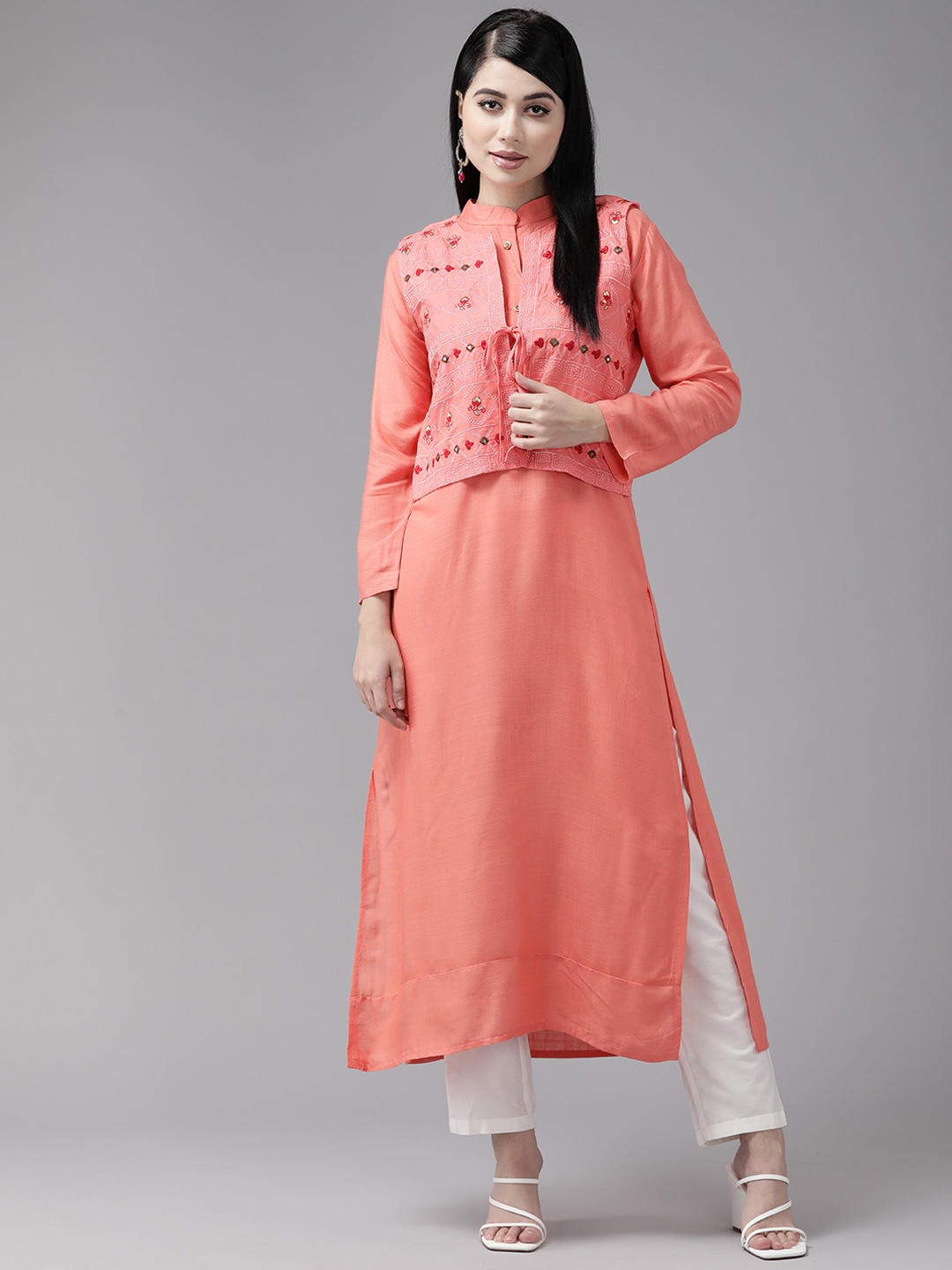 

Aarika Women Solid Regular Cotton Kurta with Jacket, Peach