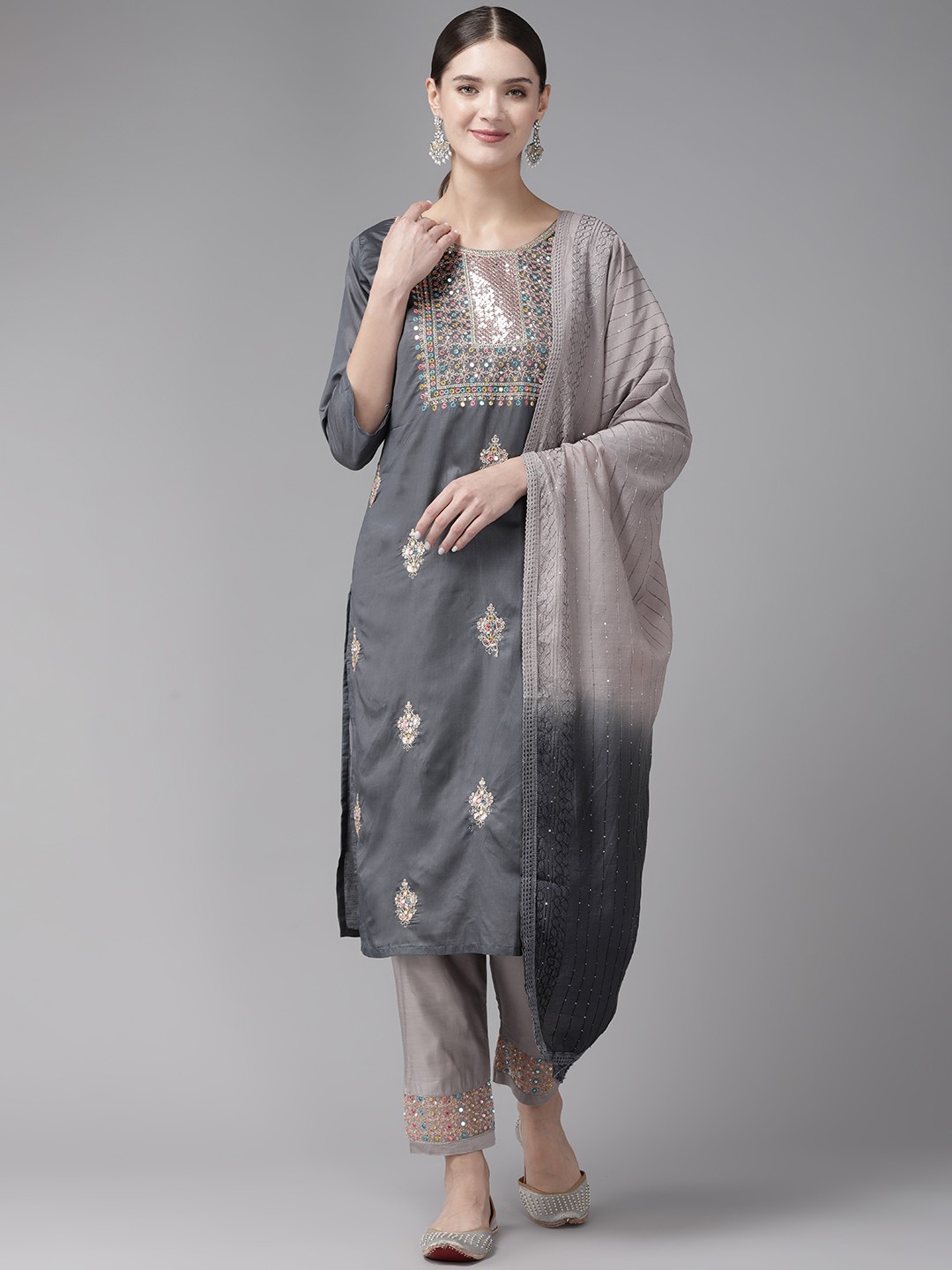 

Aarika Ethnic Motifs Embroidered Sequinned Pure Cotton Kurta with Trousers & Dupatta, Grey