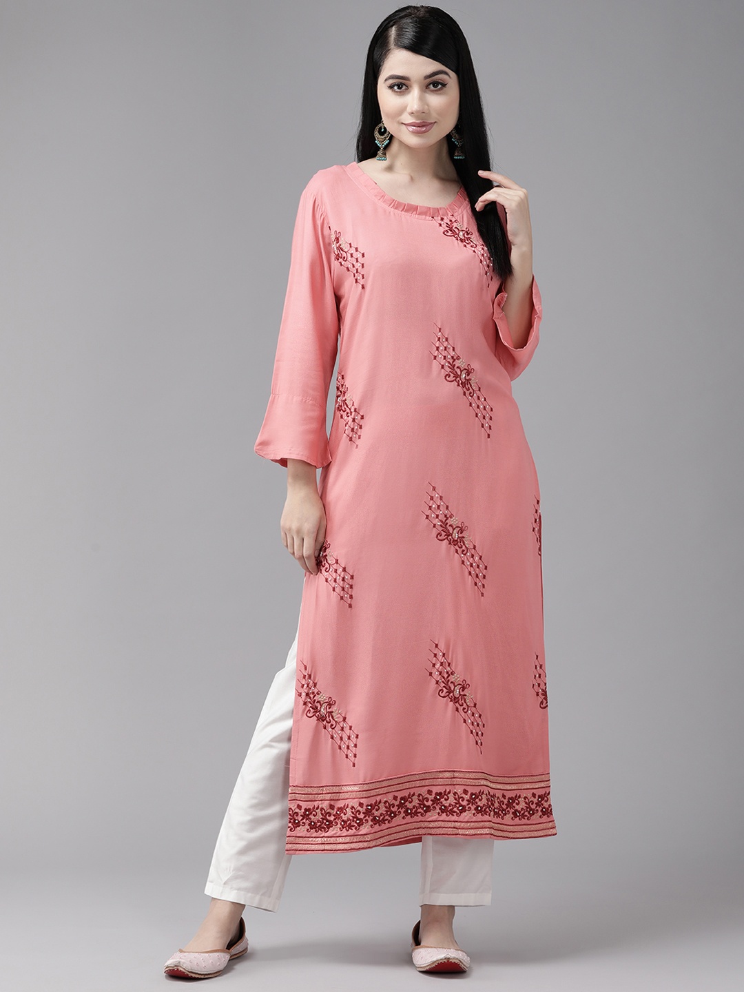 

Aarika Ethnic Motifs Embroidered Bell Sleeves Beads & Stones Kurta, Pink