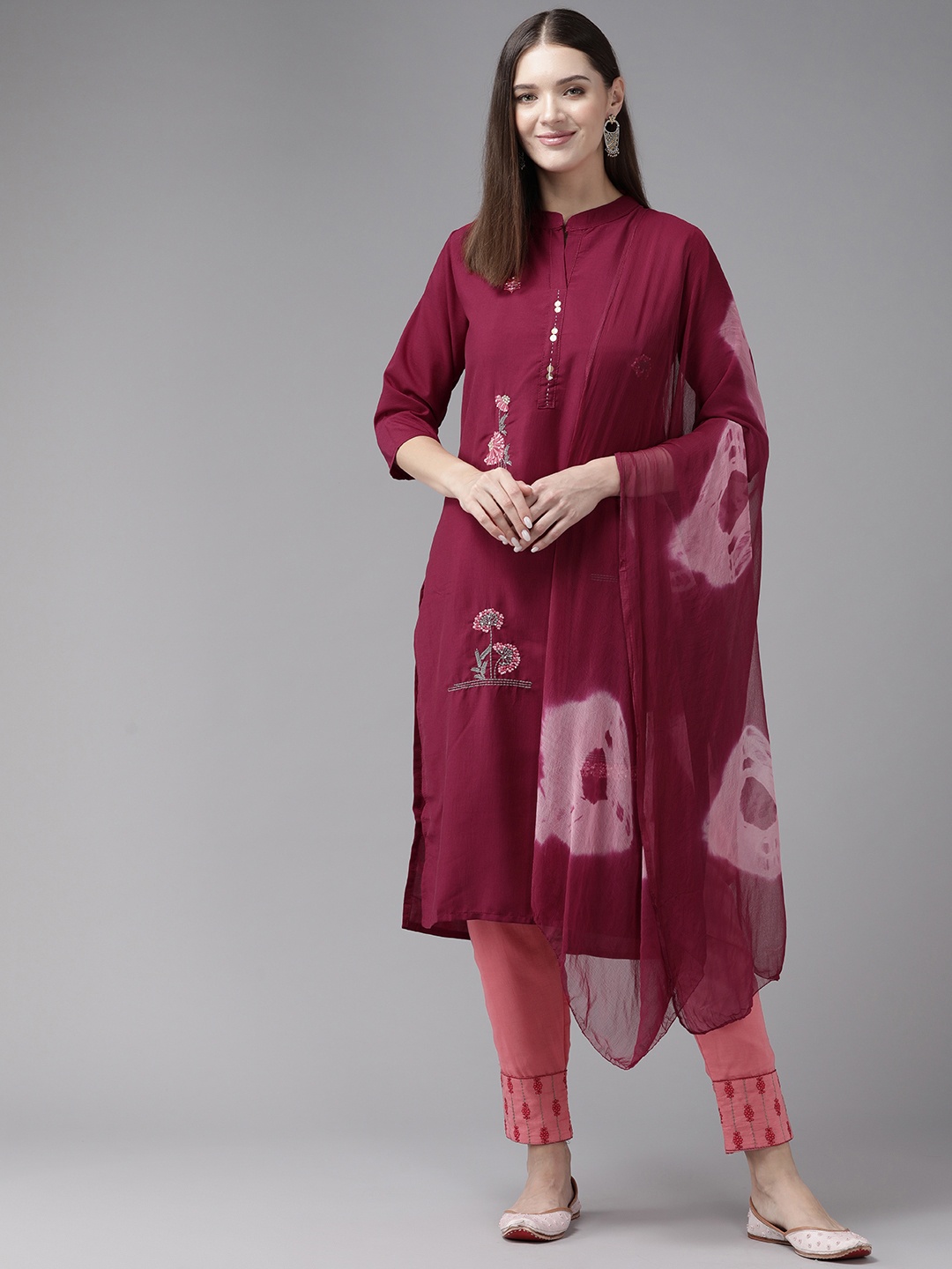 

Aarika Floral Embroidered Thread Work Pure Cotton Kurta with Trousers & Dupatta, Maroon