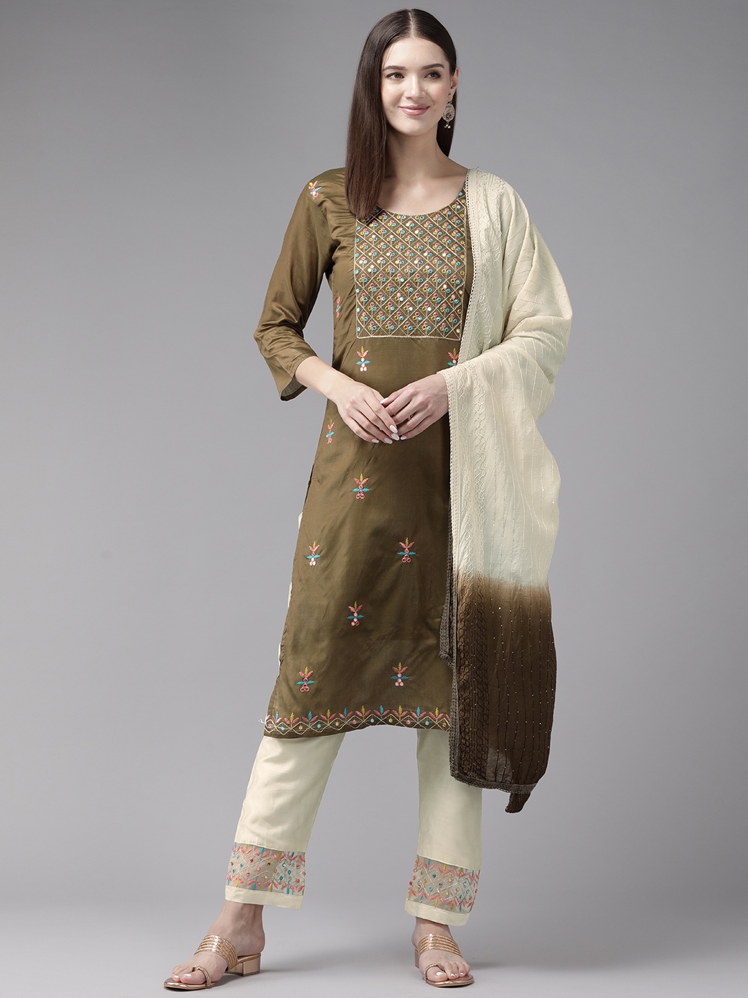 

Aarika Ethnic Motifs Embroidered Sequinned Pure Cotton Kurta with Trousers & Dupatta, Olive