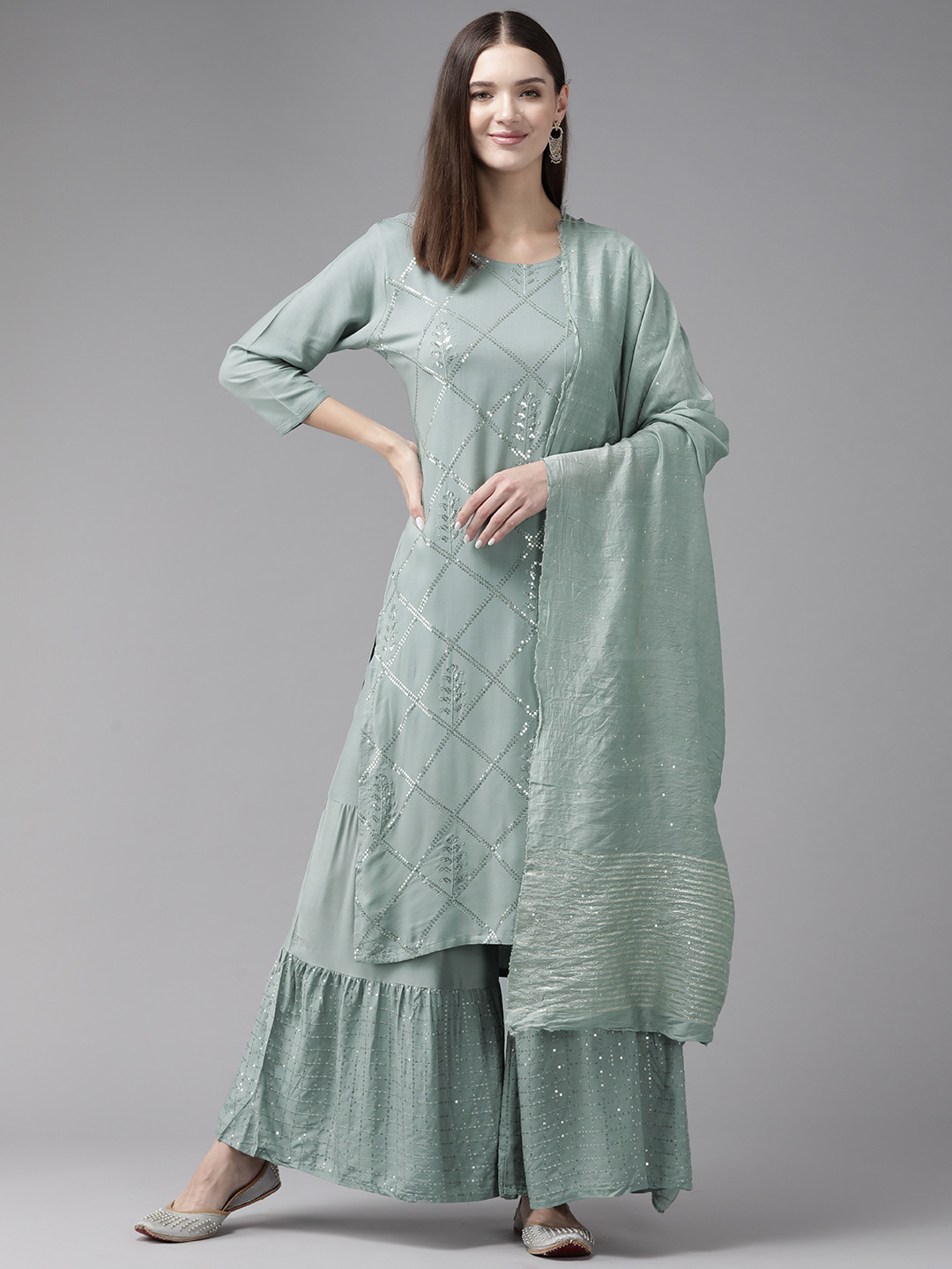 

Aarika Embroidered Sequinned Pure Cotton Kurta with Sharara & Dupatta, Grey