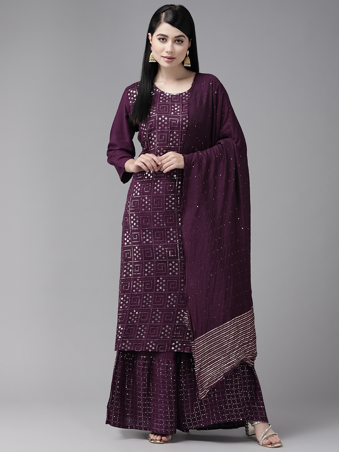 

Aarika Embroidered Sequinned Pure Cotton Kurta with Sharara & Dupatta, Purple