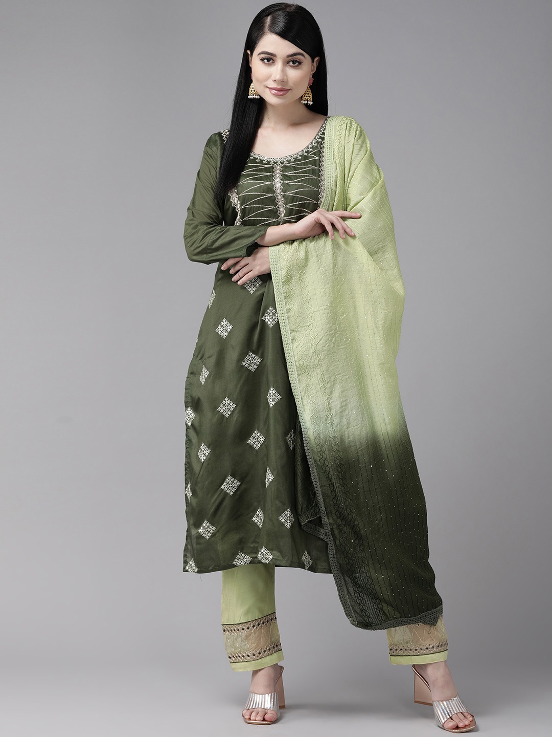 

Aarika Ethnic Motifs Embroidered Sequinned Pure Cotton Kurta with Trousers & Dupatta, Olive