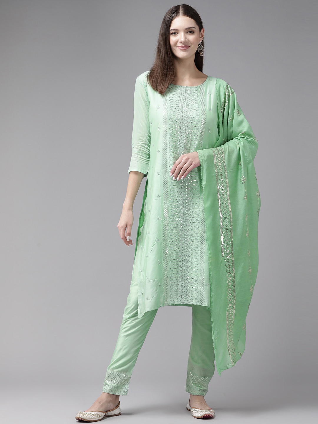 

Aarika Embroidered Regular Sequinned Pure Cotton Kurta with Trousers & Dupatta, Sea green