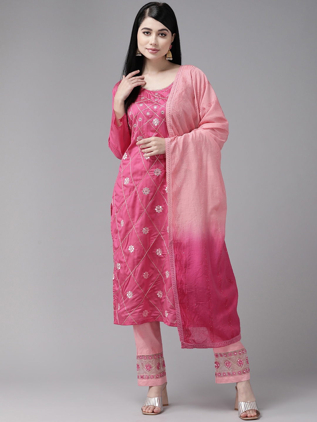 

Aarika Floral Embroidered Sequinned Pure Cotton Kurta with Trousers & Dupatta, Pink