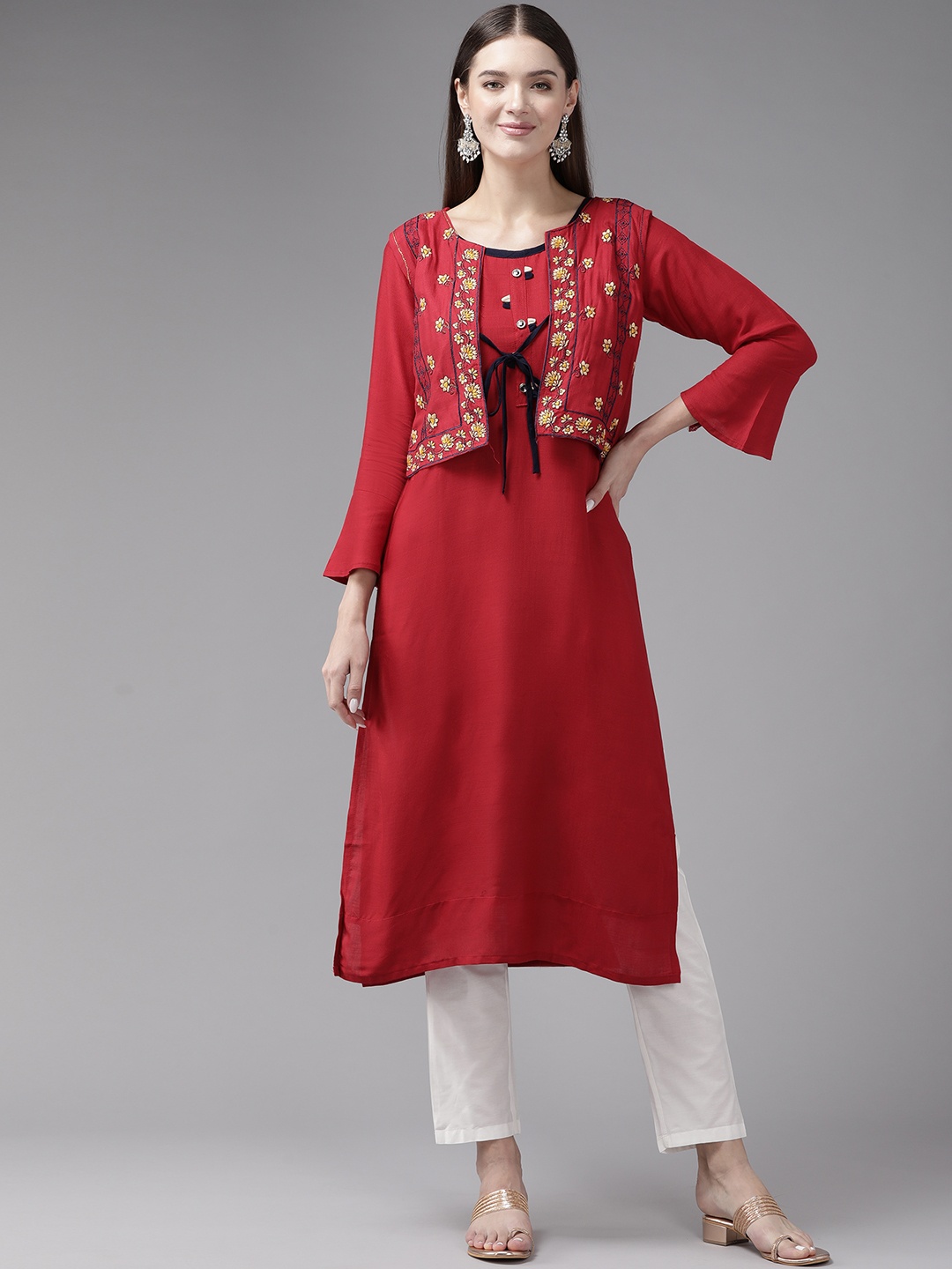 

Aarika Bell Sleeves Kurta with Jacket, Red