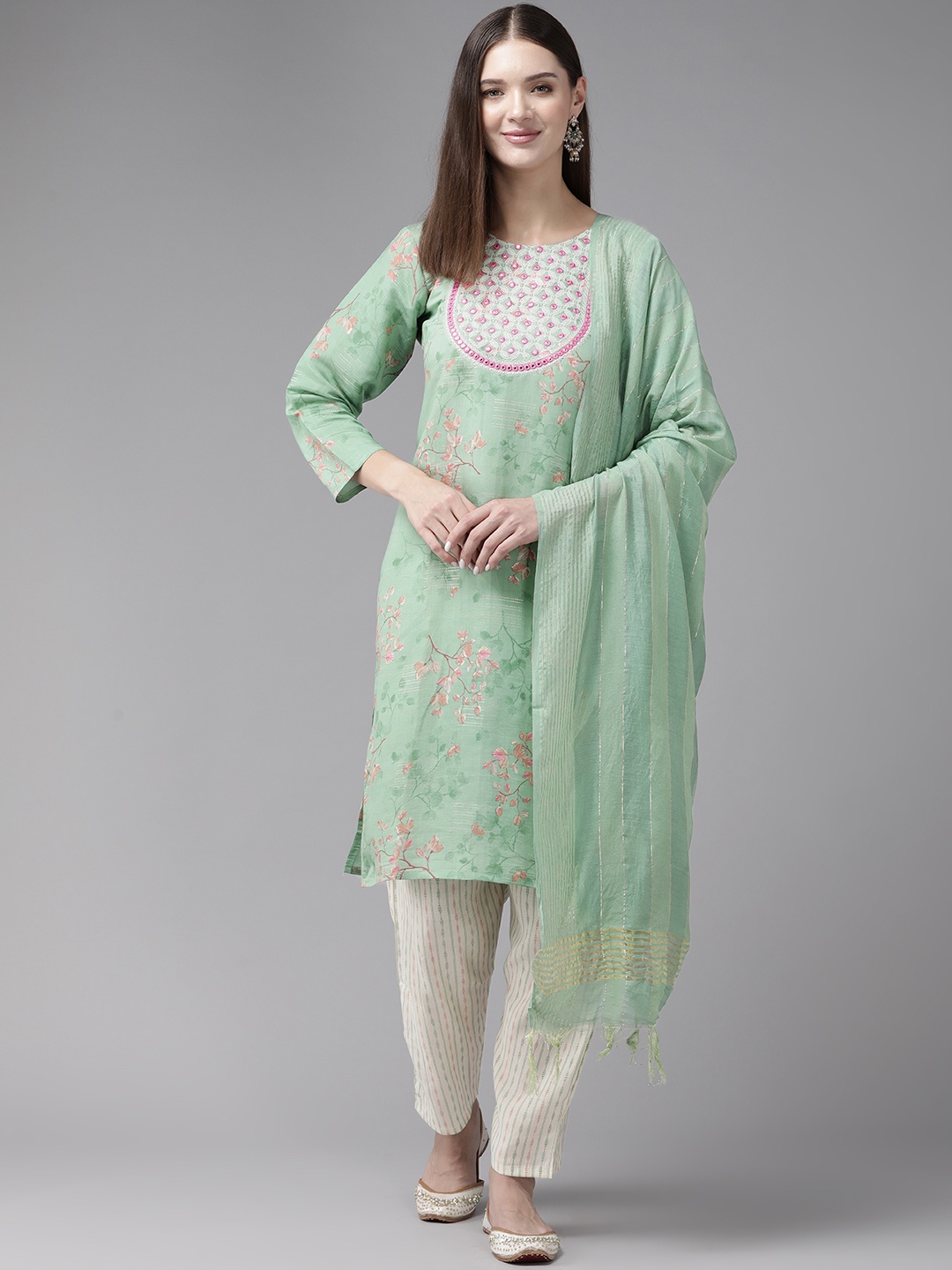 

Aarika Floral Printed Mirror Work Pure Cotton Kurta with Trousers & Dupatta, Sea green