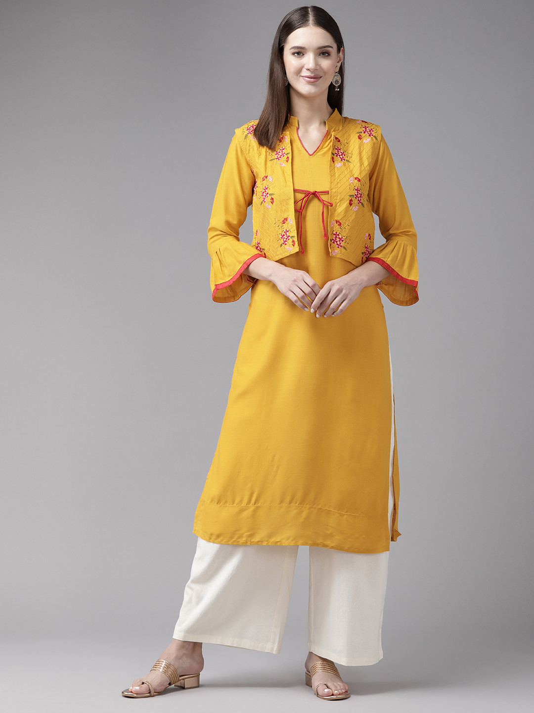 

Aarika Bell Sleeves Kurta with Jacket, Yellow