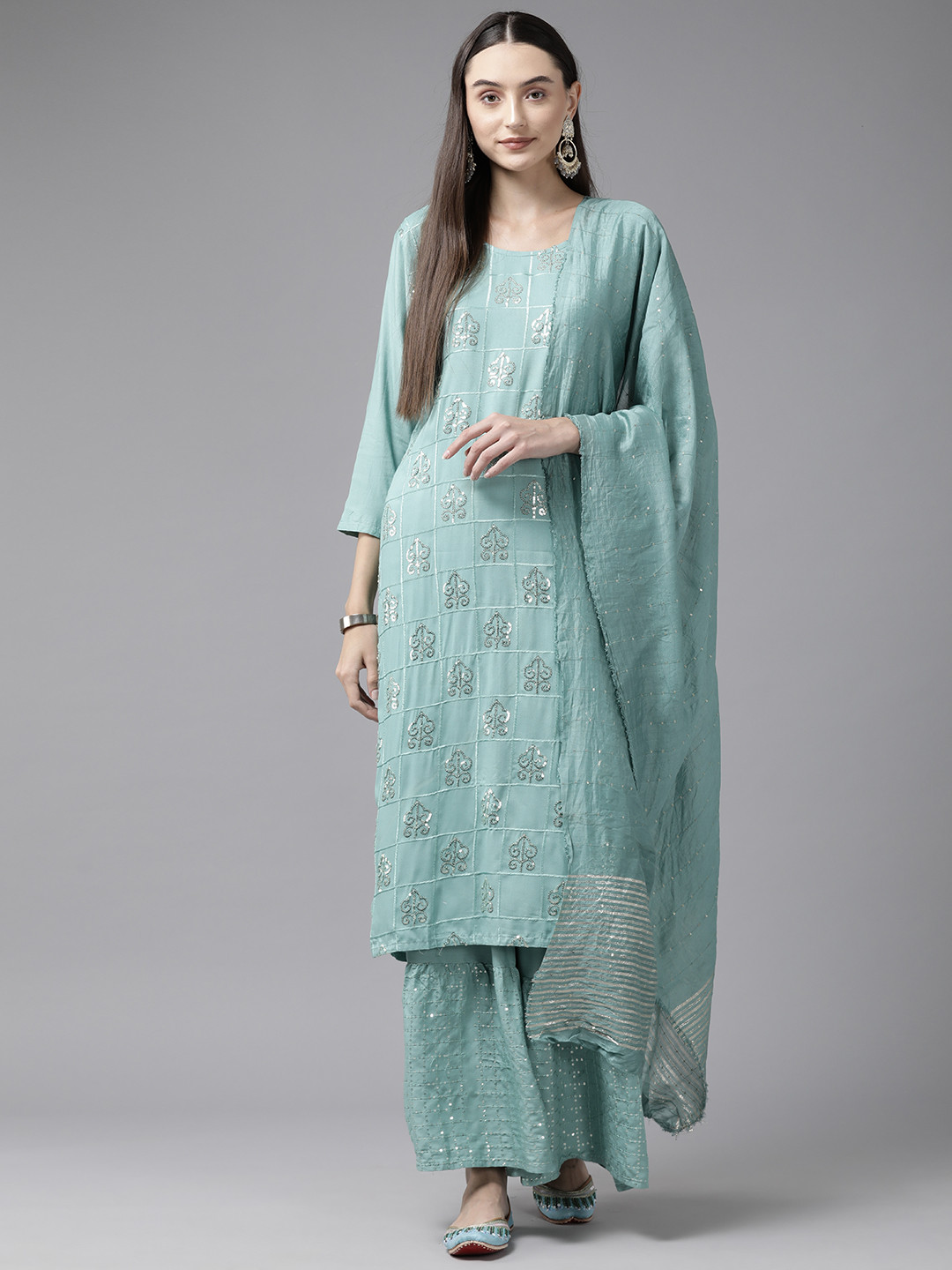 

Aarika Ethnic Motifs Embroidered Sequinned Pure Cotton Kurta with Sharara & Dupatta, Sea green