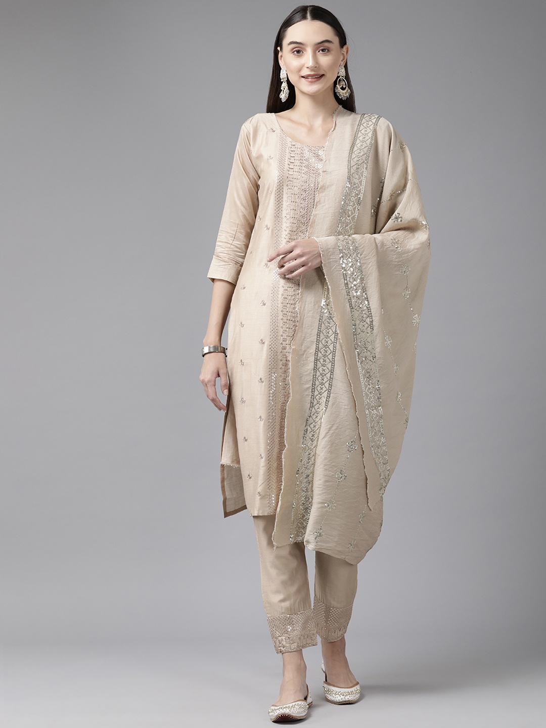 

Aarika Embroidered Sequinned Pure Cotton Kurta with Trousers & Dupatta, Beige