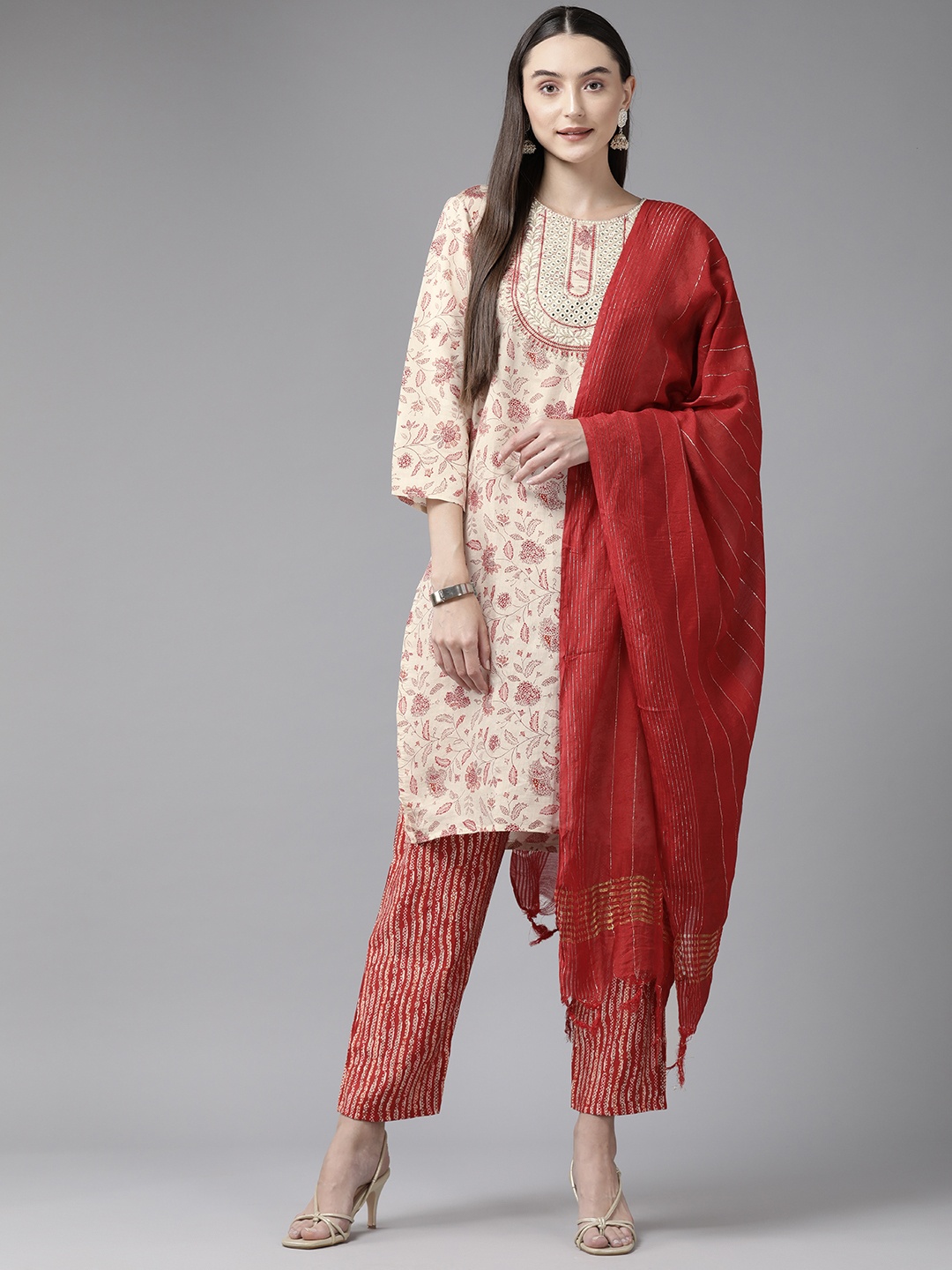 

Aarika Floral Printed Mirror Work Pure Cotton Kurta with Trousers & Dupatta, Cream