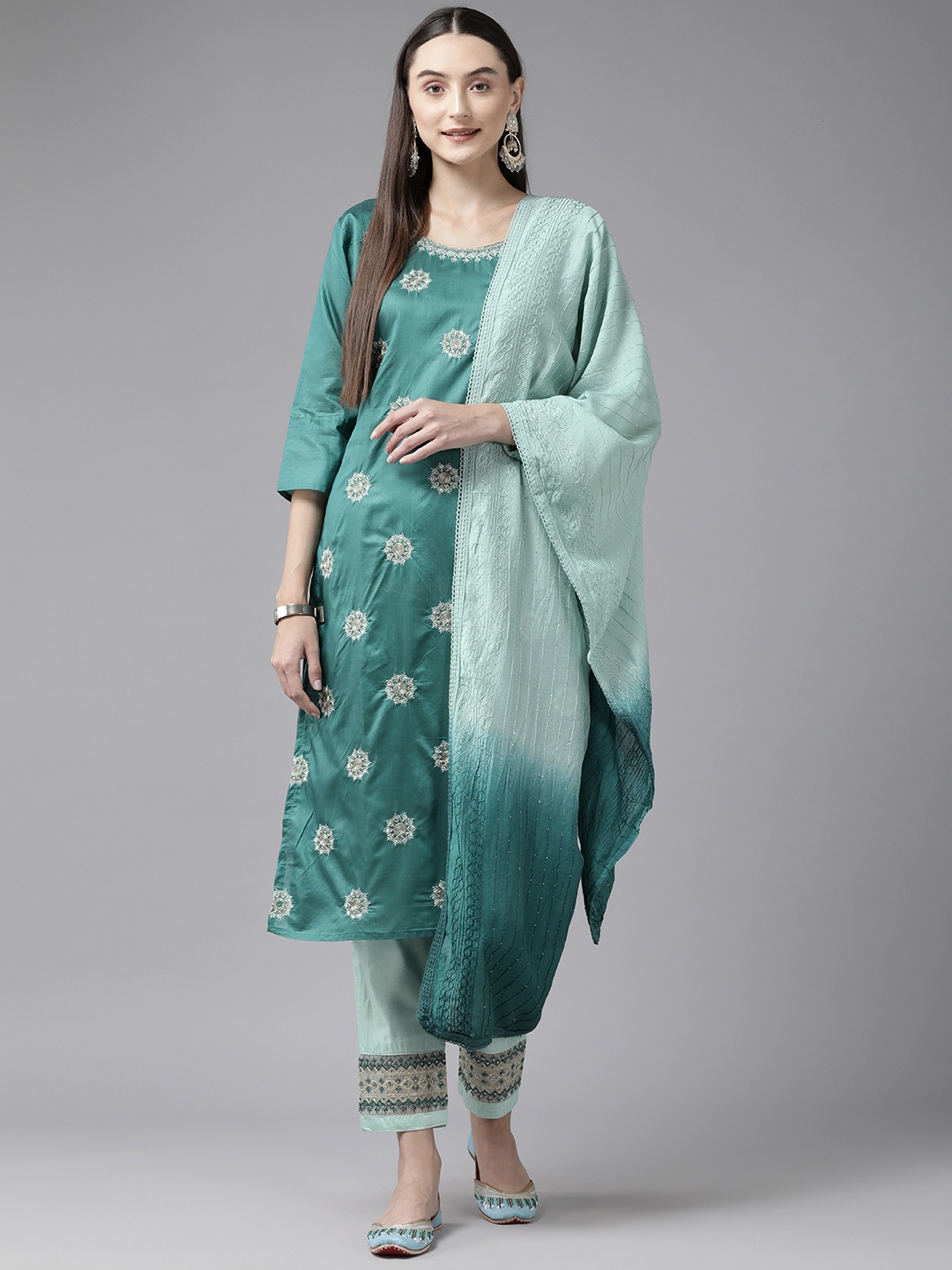 

Aarika Ethnic Motifs Zari Embroidered Pure Cotton Kurta with Trousers & Dupatta, Teal