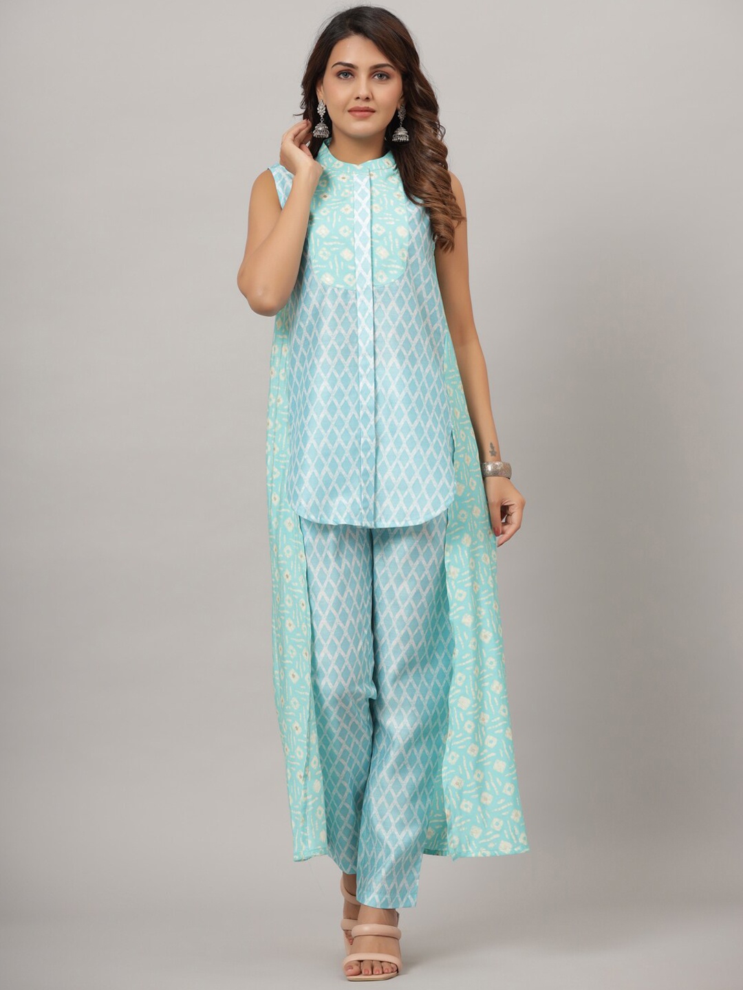 

CRAFTED FOR YOU Geometric Printed Tunic & Trousers With Shrug, Blue