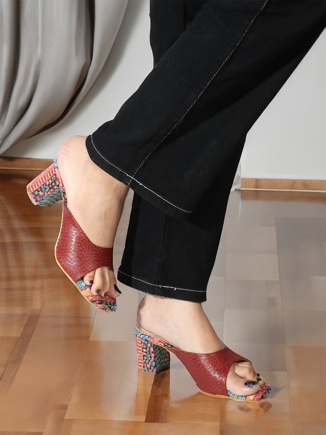 

ELLE Embellished Block Heels Sandals, Red