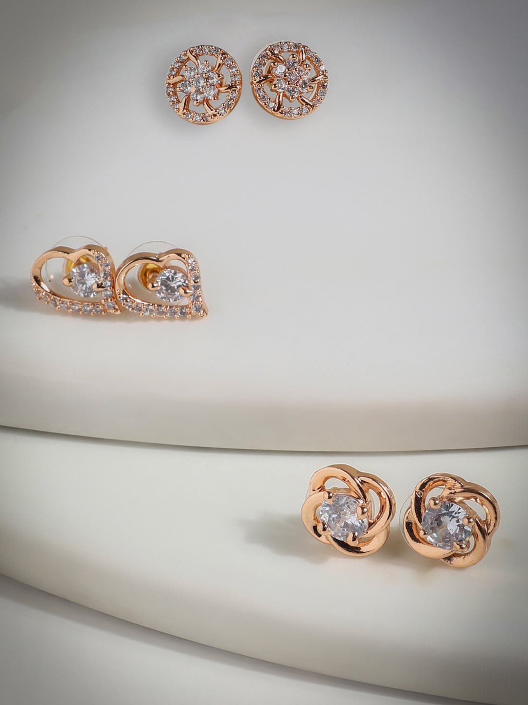 

AccessHer Set of 3 Rose Gold-Plated Stone-Studded Studs Earrings