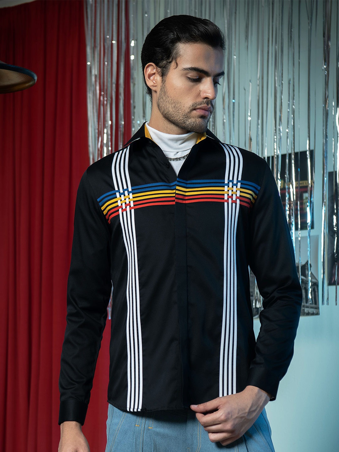

ABKASA Sharp Slim Fit Vertical Striped Cotton Casual Shirt, Black