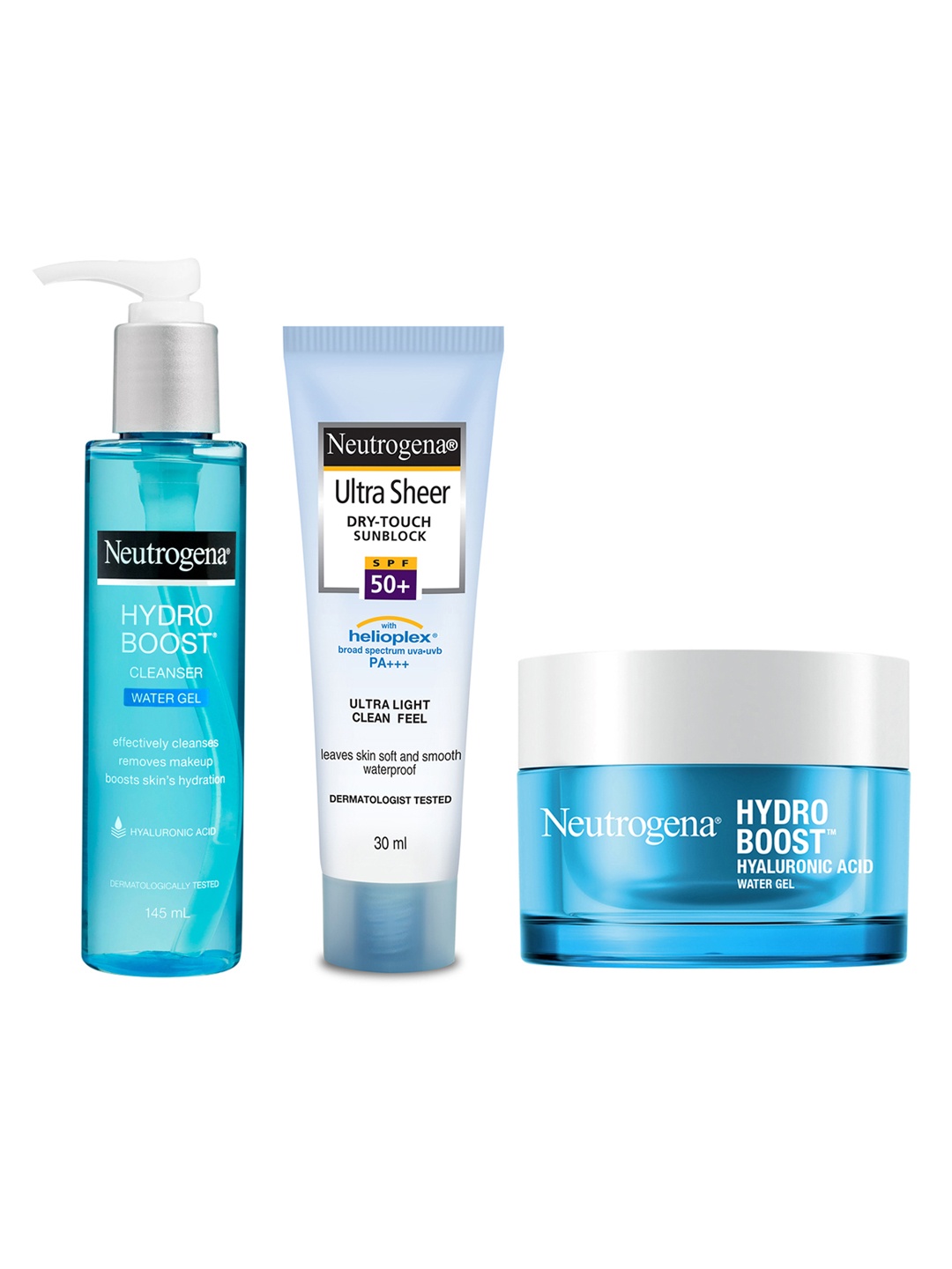 

Neutrogena Set of Hydro Boost Cleanser 145ml & Water Gel 50g with SPF50+ Sunblock 30ml, Blue