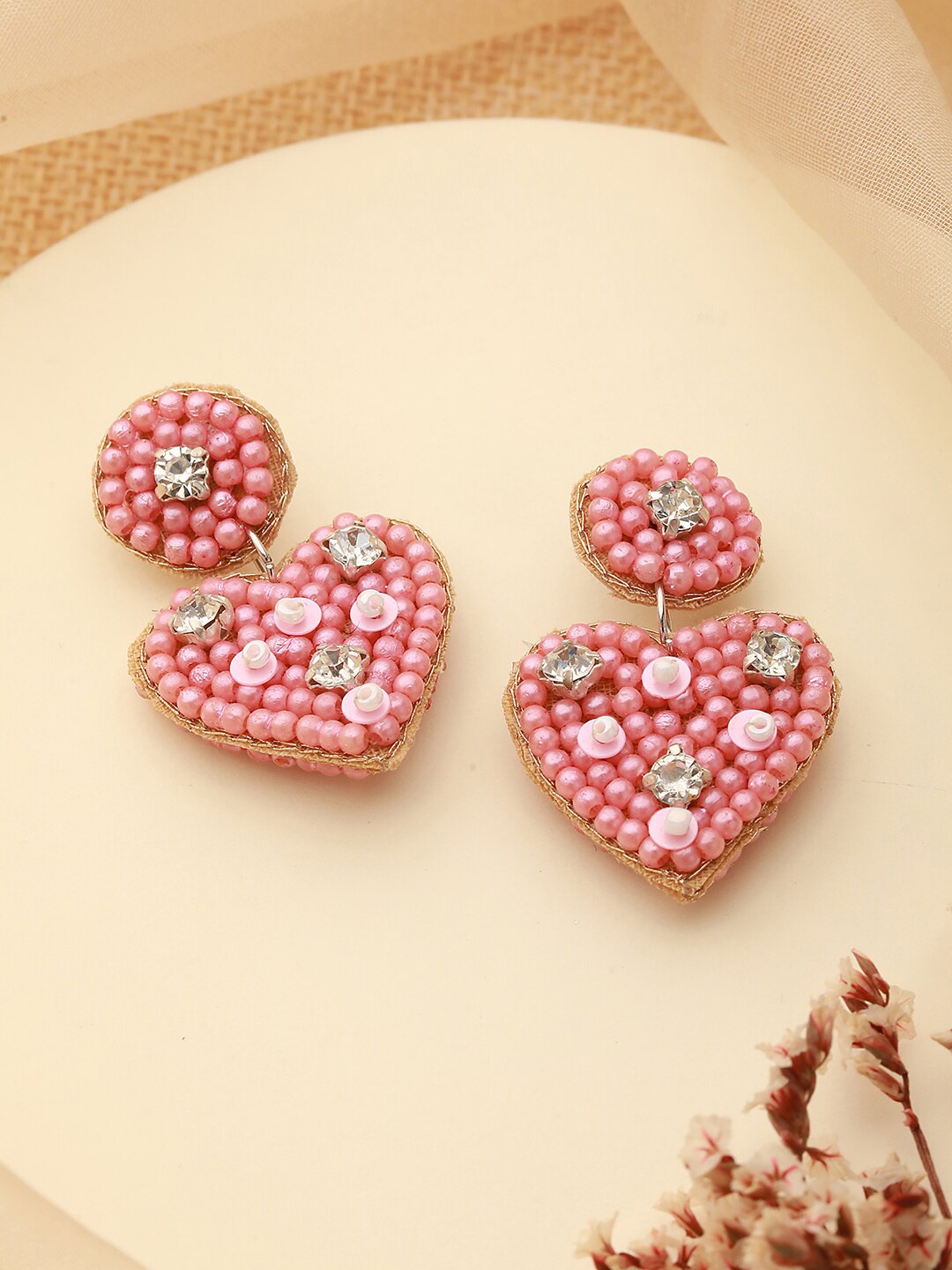 

Jazz and Sizzle Heart Shaped Beaded Drop Earrings, Pink