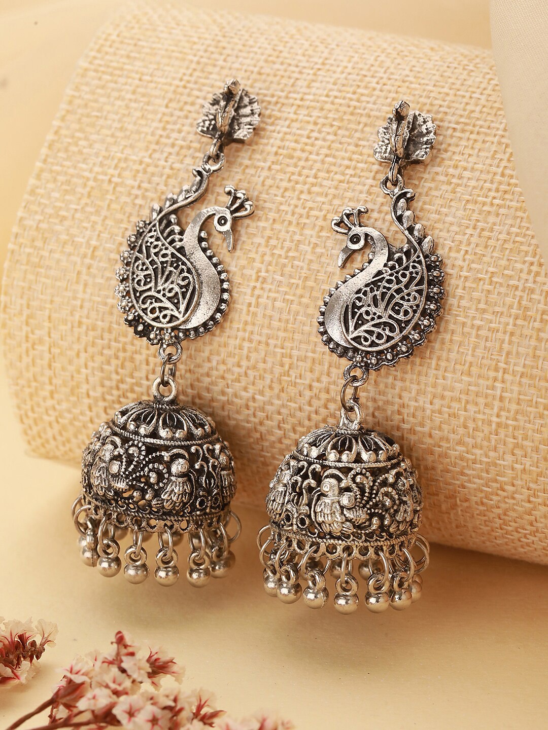 

Jazz and Sizzle Silver-Plated Beaded Peacock Shaped Jhumkas